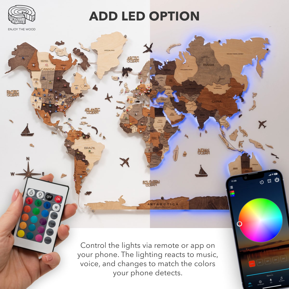 3D Ledli Ahşap Dünya Haritası – FUSION