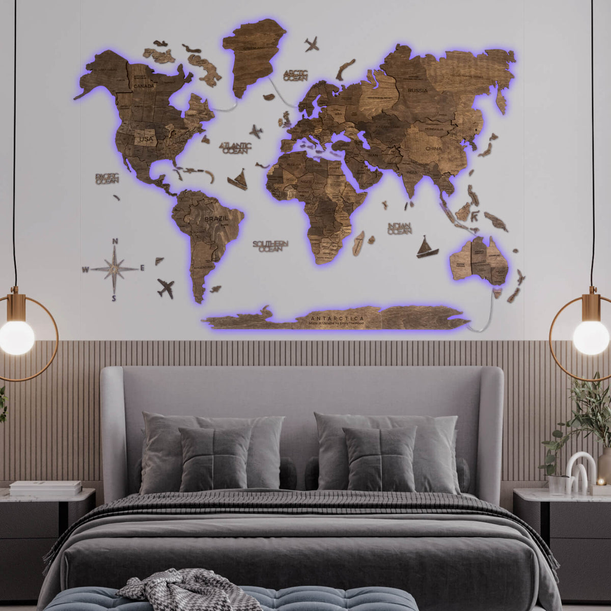 3D Ledli Ahşap Dünya Haritası – DARK WALNUT
