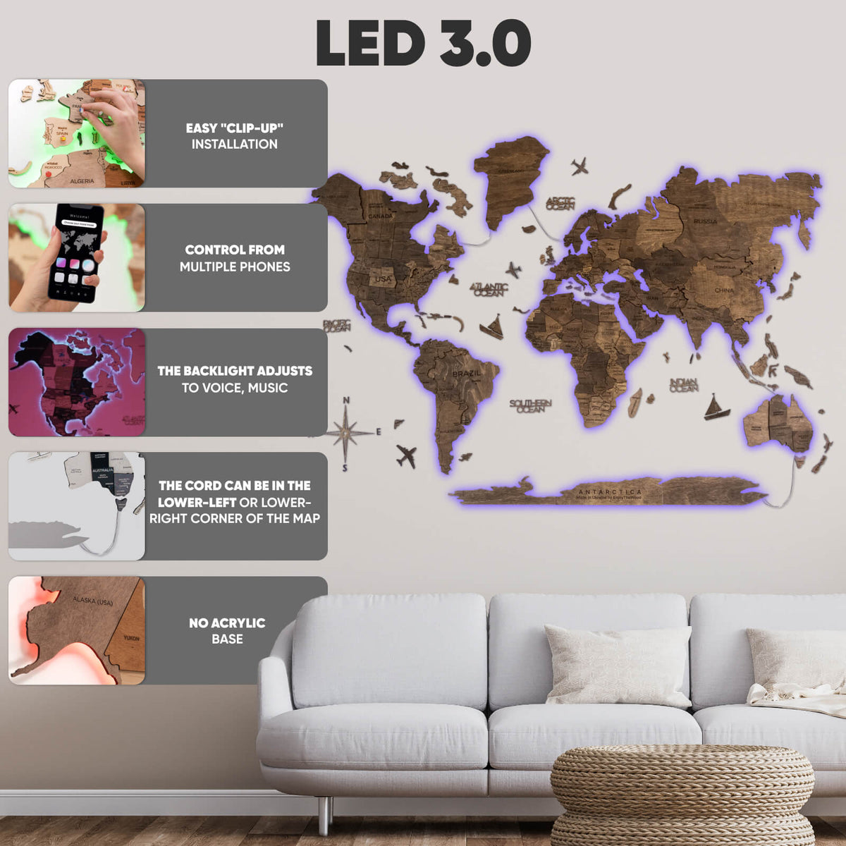 3D Ledli Ahşap Dünya Haritası – DARK WALNUT