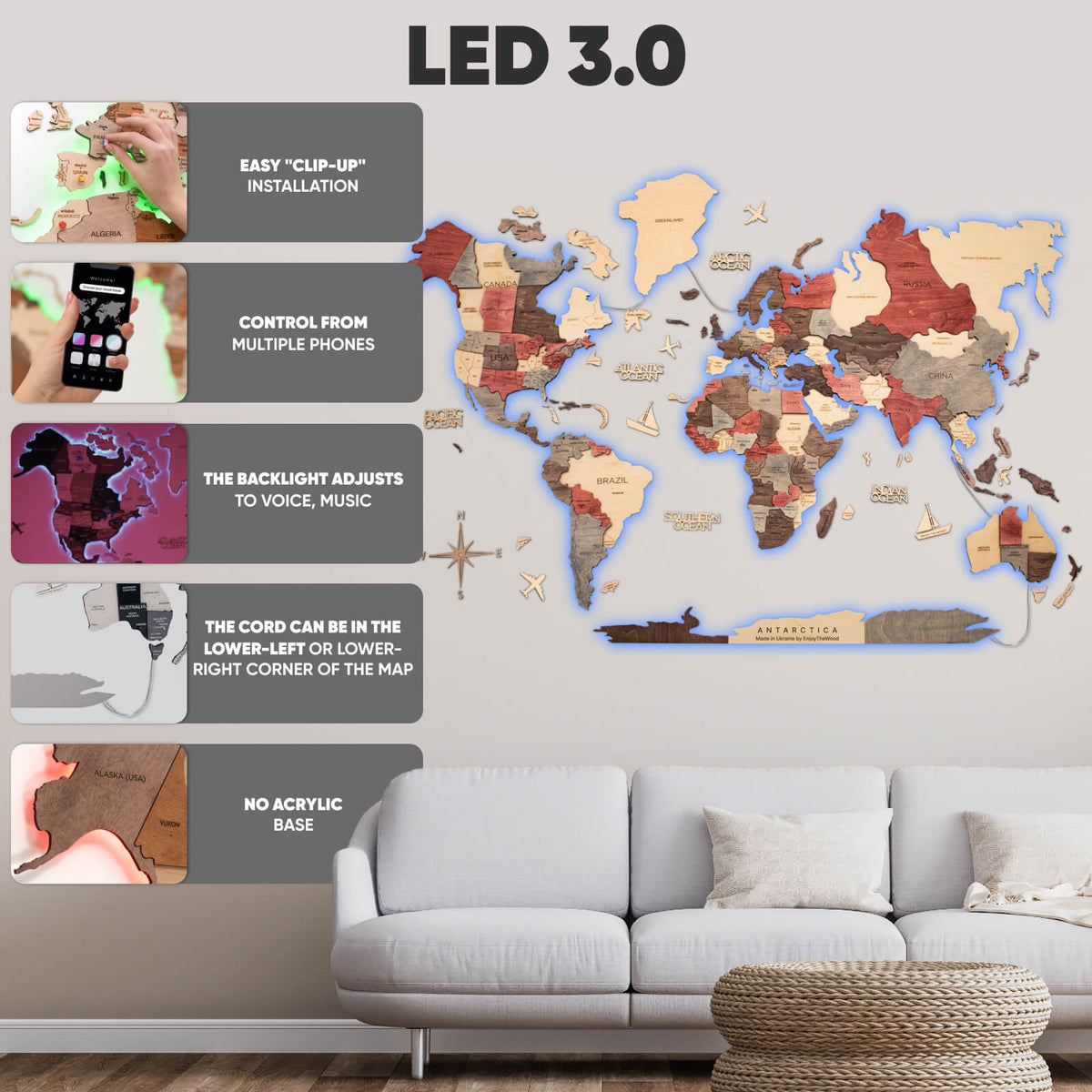 3D Ledli Ahşap Dünya Haritası – FUSION