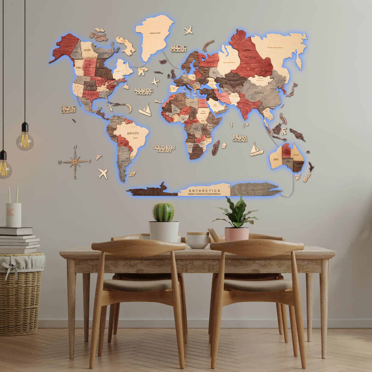 3D Ledli Ahşap Dünya Haritası – FUSION – NordDesignStore