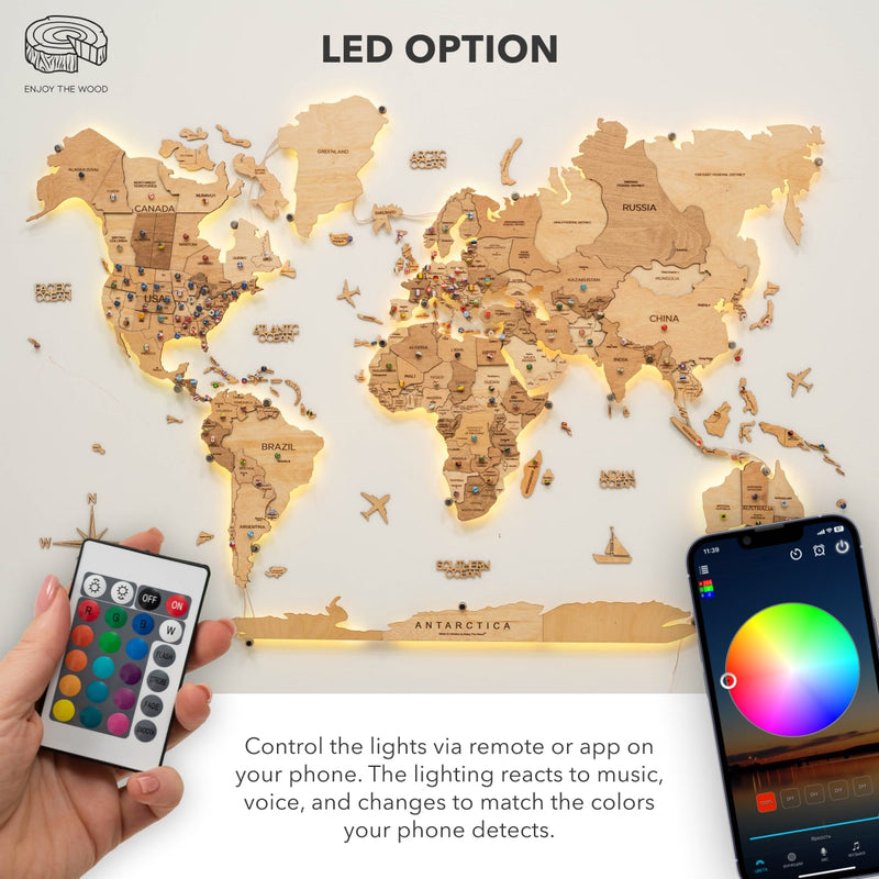 3D Ledli Ahşap Dünya Haritası – LIGHT