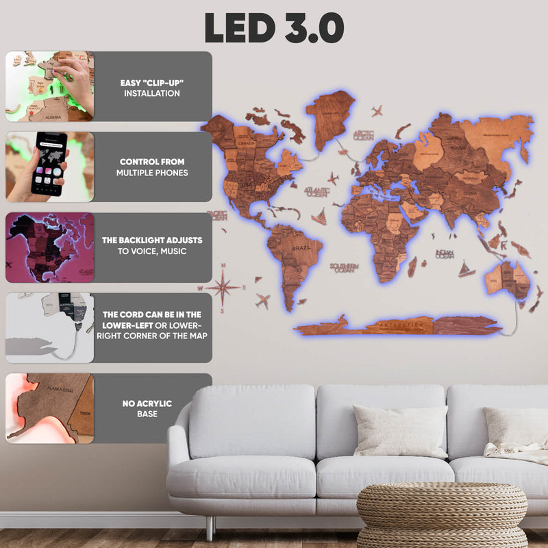3D Ledli Ahşap Dünya Haritası – OAK