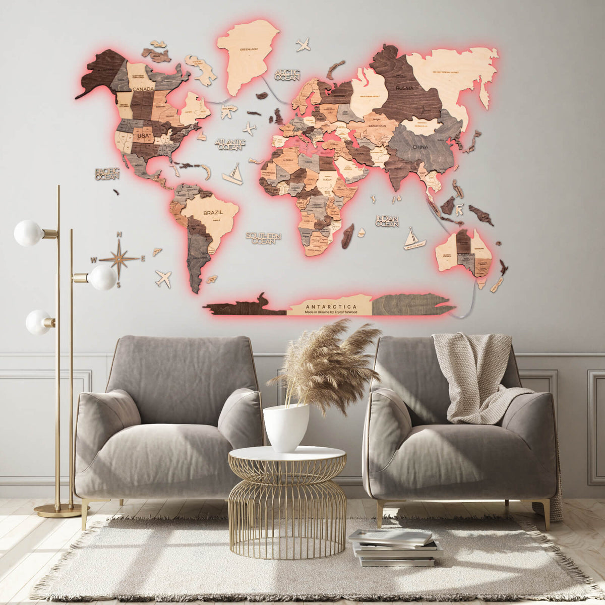 3D Ledli Ahşap Dünya Haritası – SMOKEY – NordDesignStore