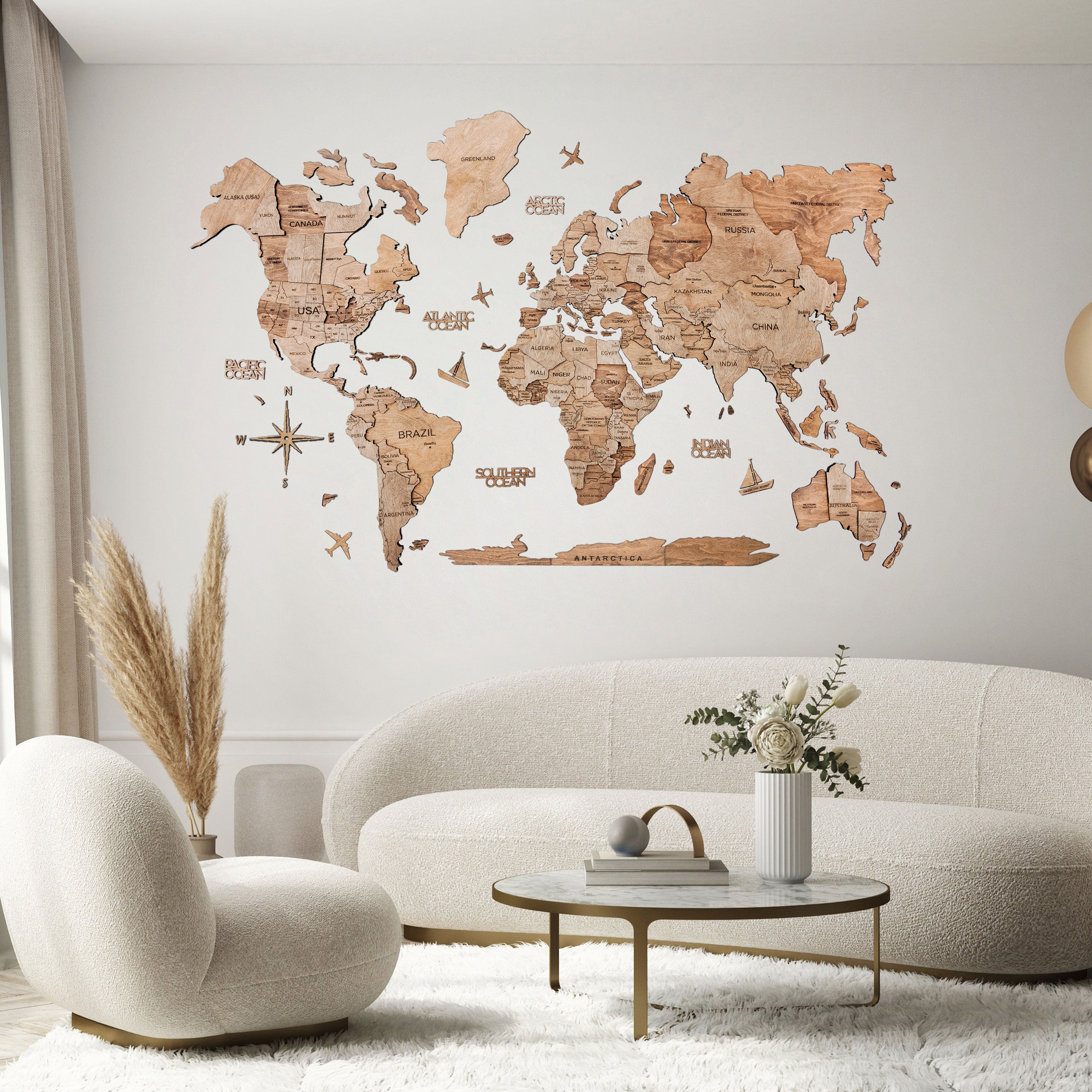 3D Ahşap Dünya Haritası – TERRA – NordDesignStore