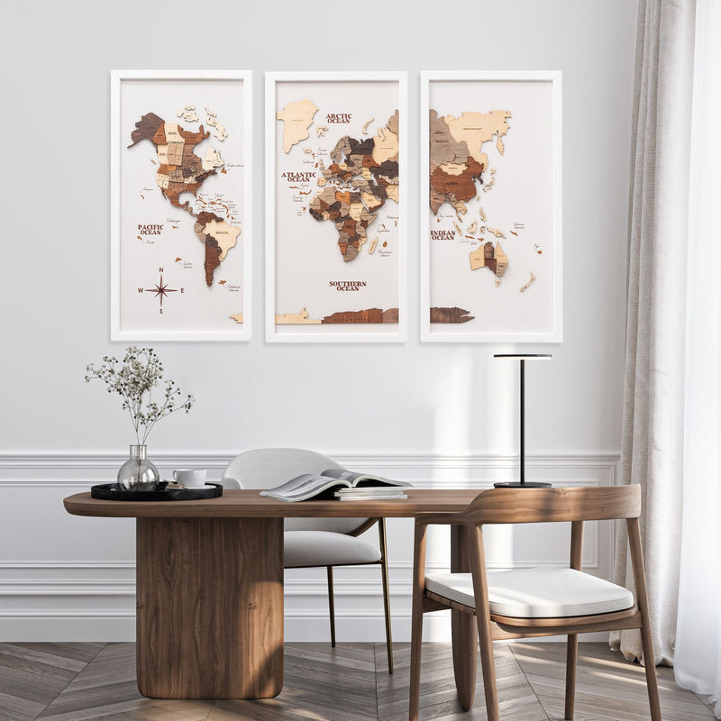 Çerçeveli 3D Ahşap Dünya Haritası Tablosu - 3 parçalı – MULTICOLOR