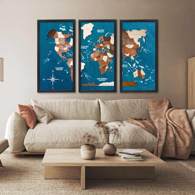 Çerçeveli 3D Ahşap Dünya Haritası Tablosu - 3 parçalı – MULTICOLOR