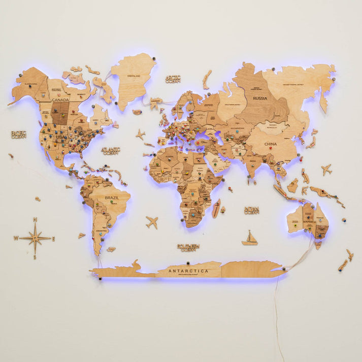 3D Ledli Ahşap Dünya Haritası – LIGHT – NordDesignStore