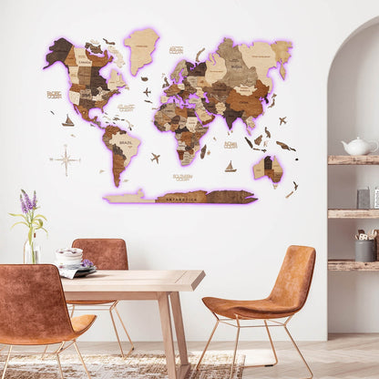 3D Ledli Ahşap Dünya Haritası – MULTICOLOR