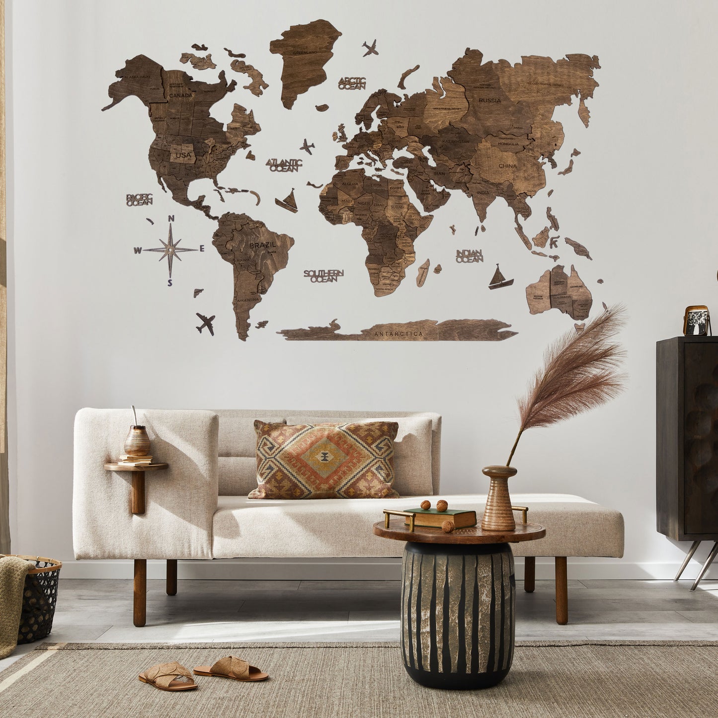 3D Ahşap Dünya Haritası – DARK WALNUT