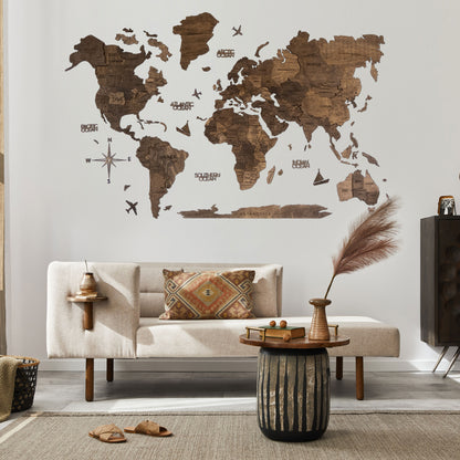 3D Ahşap Dünya Haritası – DARK WALNUT