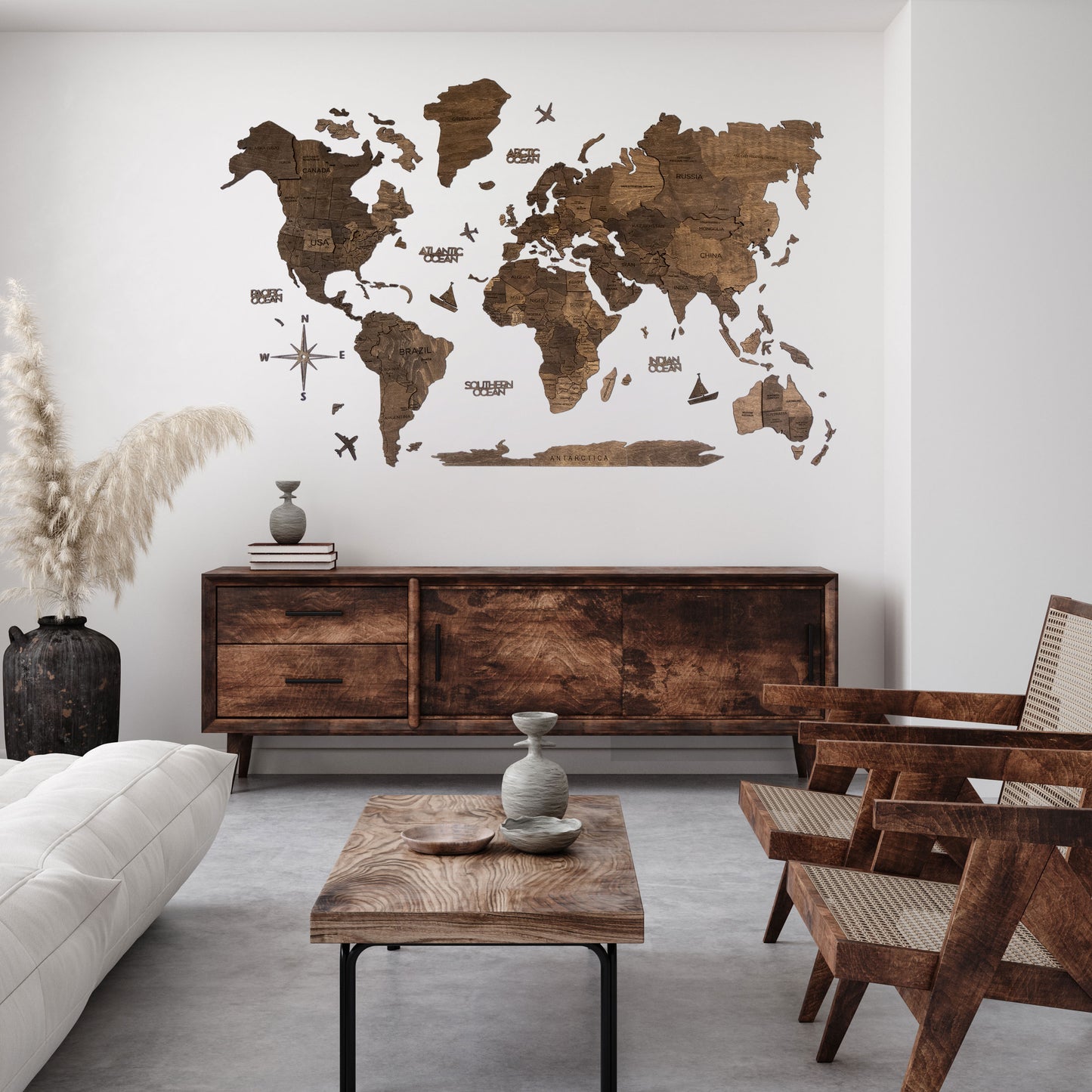 3D Ahşap Dünya Haritası – DARK WALNUT