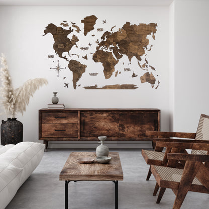 3D Ahşap Dünya Haritası – DARK WALNUT