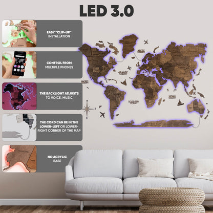 3D Ledli Ahşap Dünya Haritası – DARK WALNUT