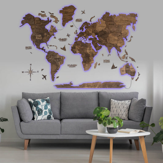 3D Ledli Ahşap Dünya Haritası – DARK WALNUT