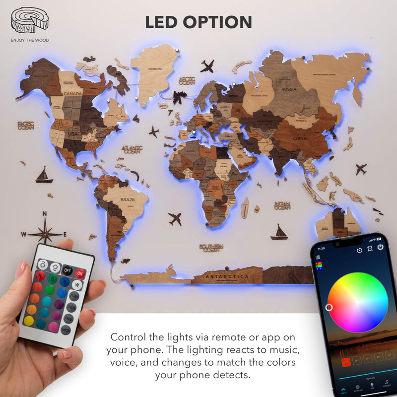 3D Ledli Ahşap Dünya Haritası – MULTICOLOR