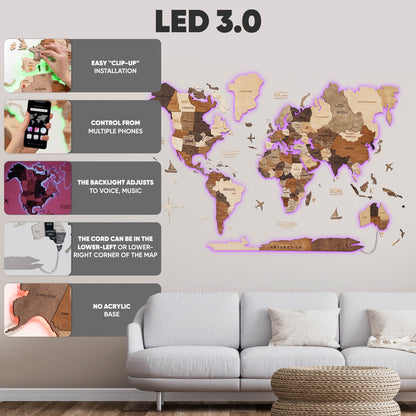 3D Ledli Ahşap Dünya Haritası – MULTICOLOR
