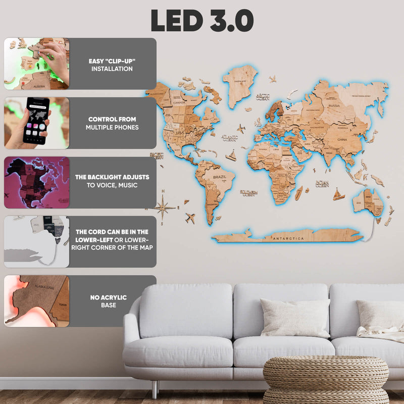 3D Ledli Ahşap Dünya Haritası – LIGHT
