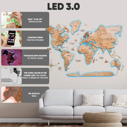 3D Ledli Ahşap Dünya Haritası – LIGHT