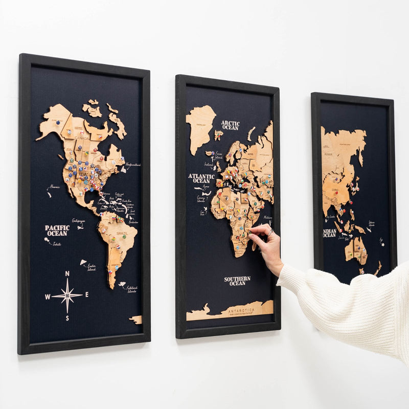Çerçeveli 3D Ahşap Dünya Haritası Tablosu - 3 parçalı – GOLD