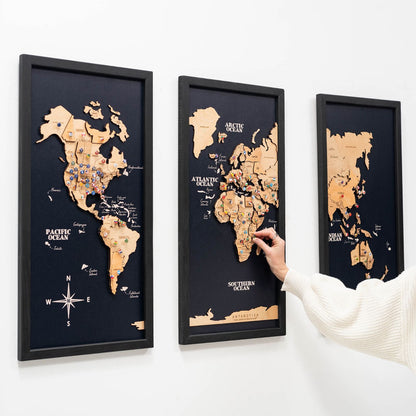 Çerçeveli 3D Ahşap Dünya Haritası Tablosu - 3 parçalı – GOLD