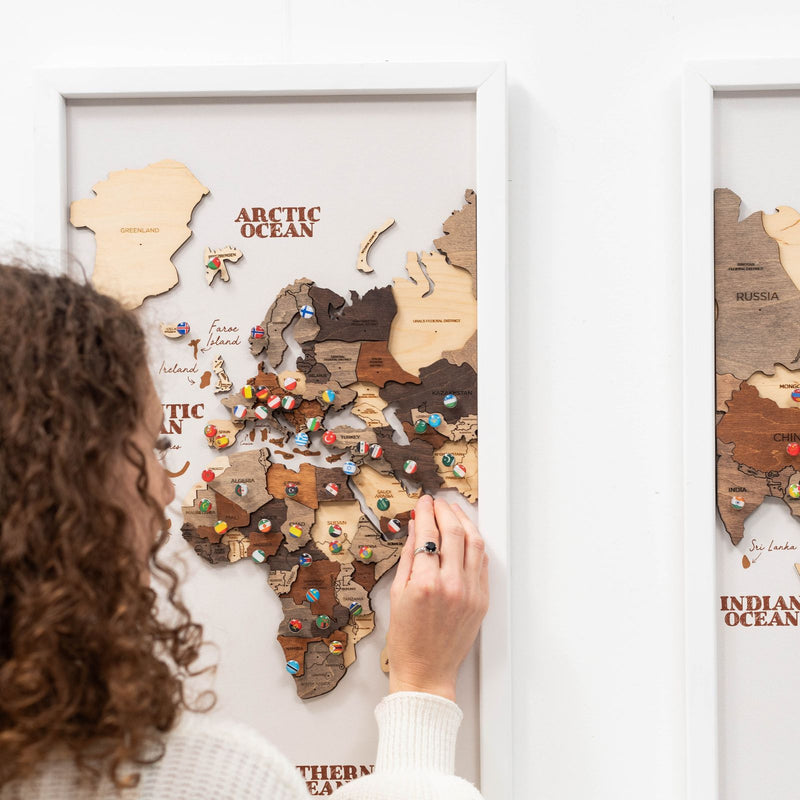Çerçeveli 3D Ahşap Dünya Haritası Tablosu - 3 parçalı – MULTICOLOR