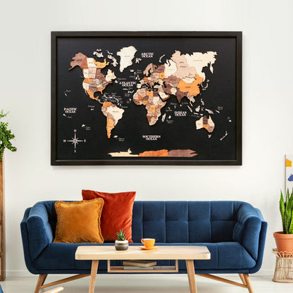 Çerçeveli 3D Ahşap Dünya Haritası Tablosu– MULTICOLOR