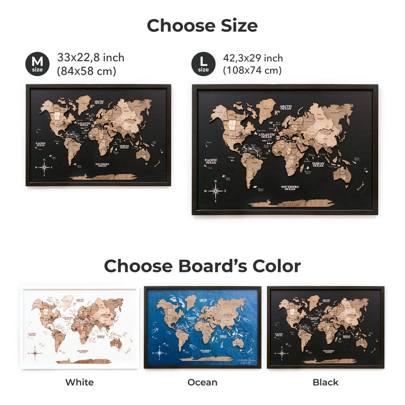 Çerçeveli 3D Ahşap Dünya Haritası Tablosu– MULTICOLOR