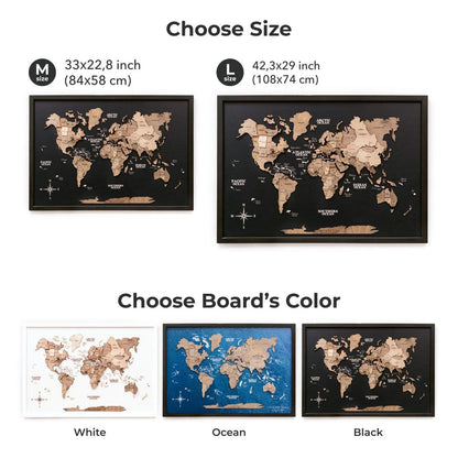 Çerçeveli 3D Ahşap Dünya Haritası Tablosu– MULTICOLOR
